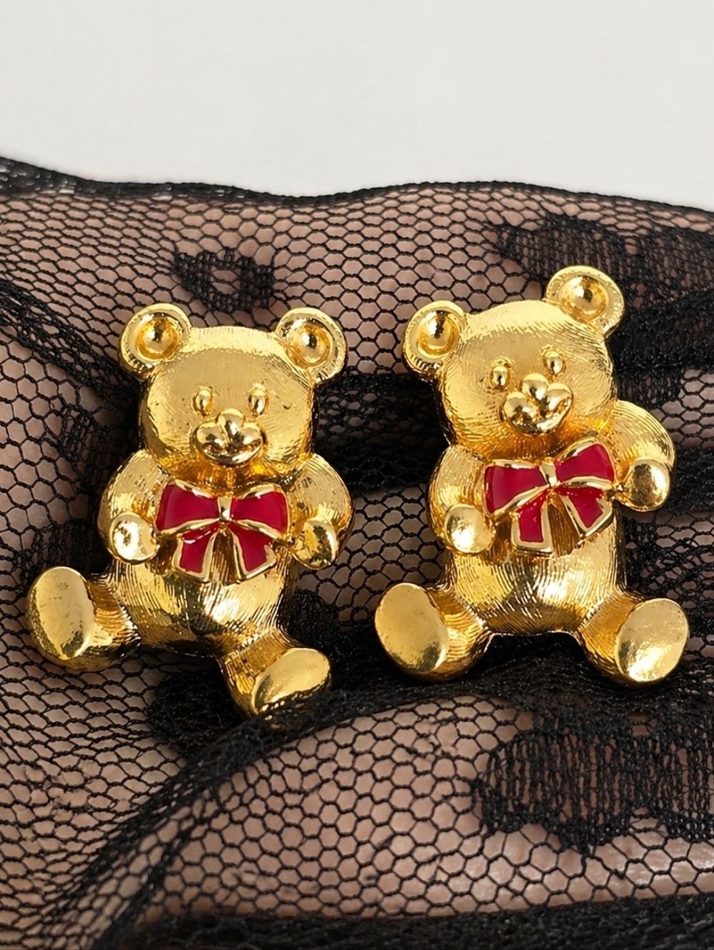 Vintage Avon Teddy Bear Earrings Gold Tone Red Bow Cute Novelty 1"